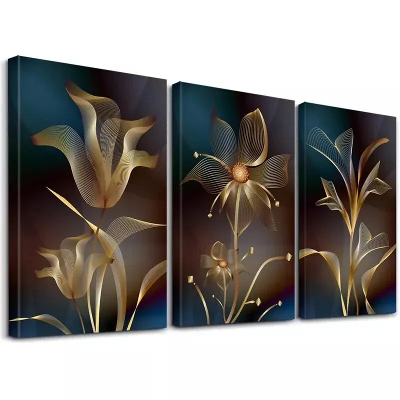 3pcs Aesthetic Abstract Modern Golden Flower Wall Art Set Canvas Framed 50x70cm -  High Quality Print 100% Australian Made Wall Canvas Ready to Hang
