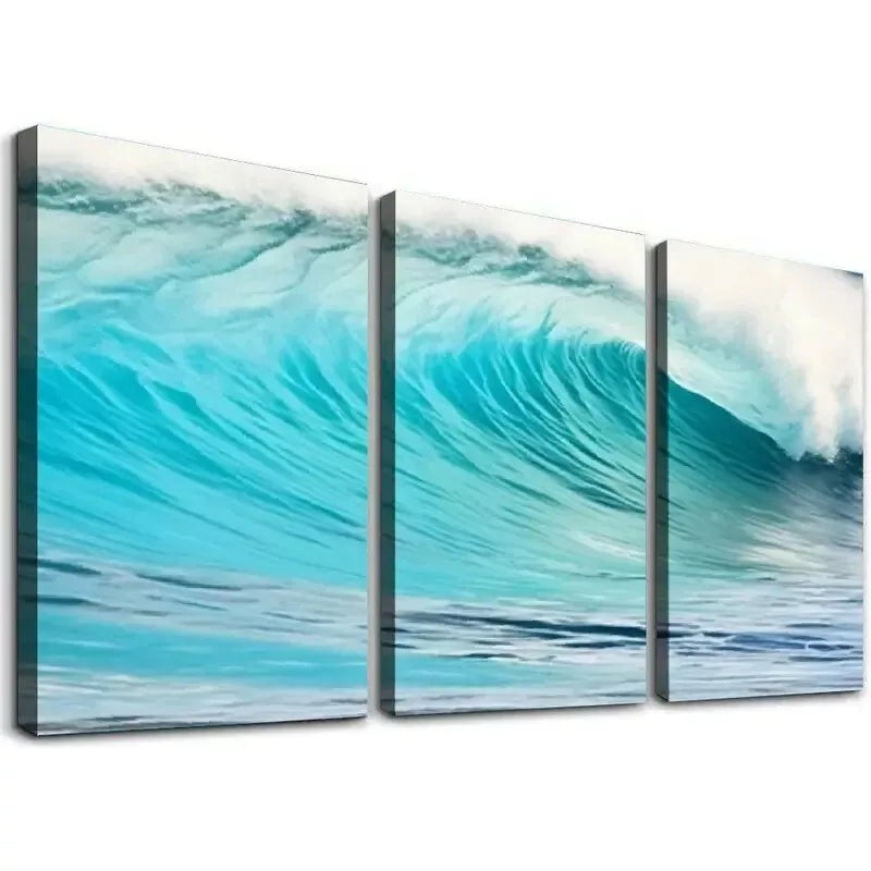 3pcs Aesthetic Turquoise Waves at Sandy Beach Wall Art Set Canvas Framed 50x70cm - High Quality Print 100% Australian Made Wall Canvas Ready to Hang