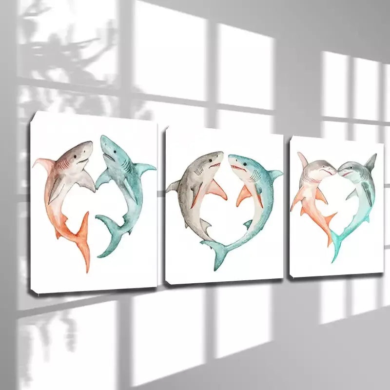 3pcs Artistic Shark  Wall Art Set Canvas Framed 50x70cm -  High Quality Print 100% Australian Made Wall Canvas Ready to Hang