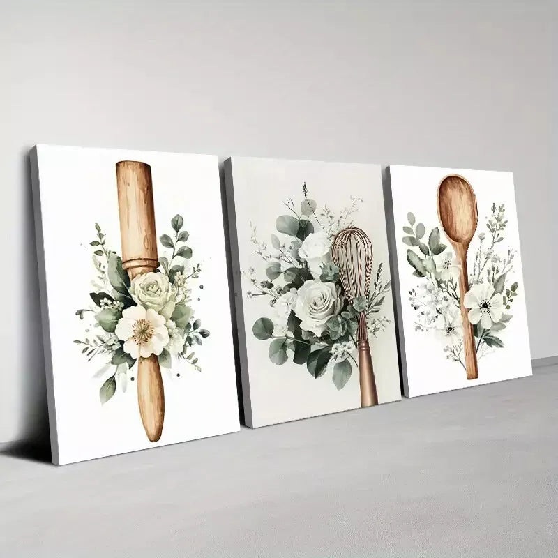 3pcs Beautiful Charming White Floral Kitchenware Wall Art Set Canvas Framed 50x70cm - High Quality Print 100% Australian Made Wall Canvas Ready to Hang