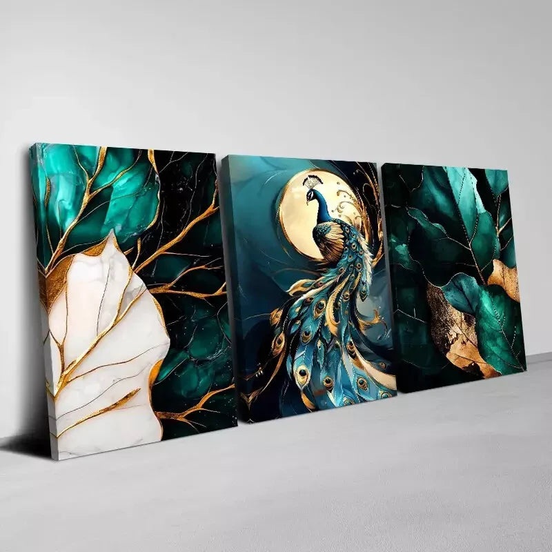 3pcs Beautiful Leaf Peacock with Leaves Wall Art Set Canvas Framed 50x70cm - High Quality Print 100% Australian Made Wall Canvas Ready to Hang