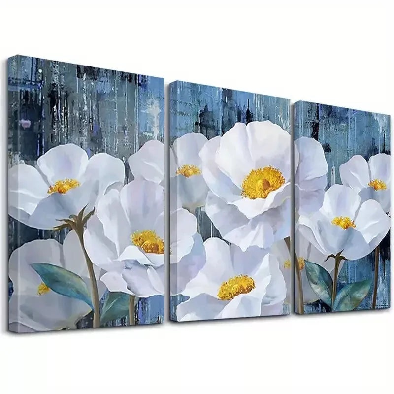 3pcs Blooming White Blue Flowers Botanical  Wall Art Set Canvas Framed 50x70cm -  High Quality Print 100% Australian Made Wall Canvas Ready to Hang