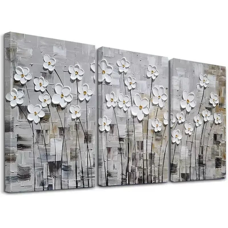 3pcs Blooming White Flowers Abstract Painting Wall Art Set Canvas Framed 50x70cm -  High Quality Print 100% Australian Made Wall Canvas Ready to Hang
