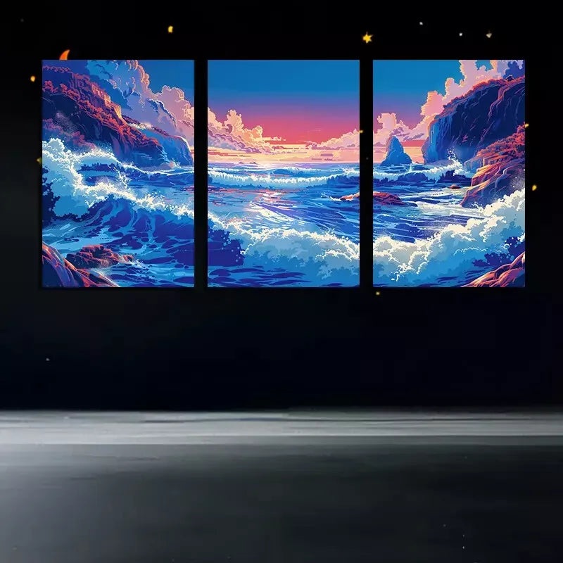 3pcs Blue Crashing Waves Wall Art Set Canvas Framed 50x70cm -  High Quality Print 100% Australian Made Wall Canvas Ready to Hang