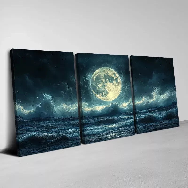 3pcs Blue & Green Starry Night Sky Moonlit Ocean Wall Art Set Canvas Framed 50x70cm - High Quality Print 100% Australian Made Wall Canvas Ready to Hang