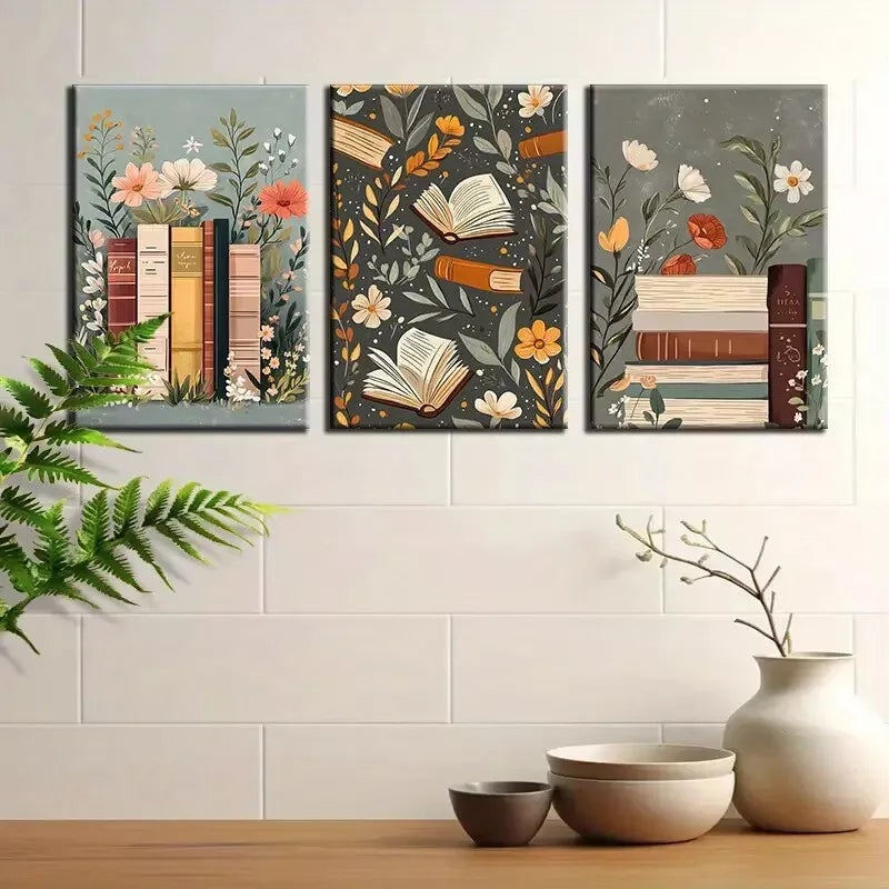 3pcs Books And Flowers Wall Art Set Canvas Framed 50x70cm -  High Quality Print 100% Australian Made Wall Canvas Ready to Hang