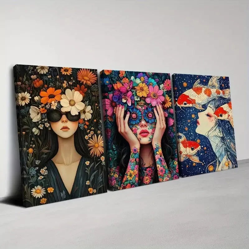 3pcs Bright Colorful Abstract Woman Florals Wall Art Set Canvas Framed 50x70cm - High Quality Print 100% Australian Made Wall Canvas Ready to Hang