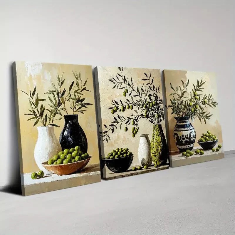 3pcs Charming Olives Branch Still Life Vases Wall Art Set Canvas Framed 50x70cm - High Quality Print 100% Australian Made Wall Canvas Ready to Hang