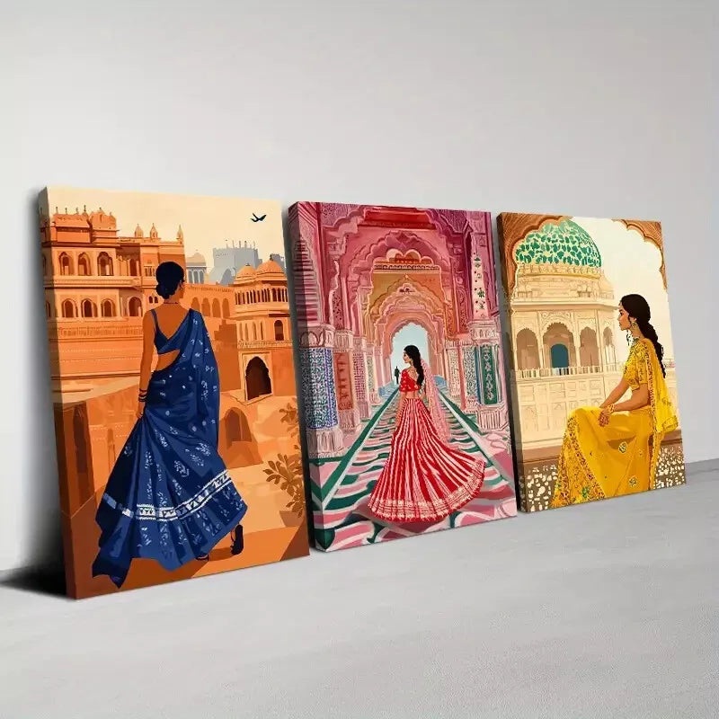 3pcs Charming Vintage Traditional Indian Women Wall Art Set Canvas Framed 50x70cm - High Quality Print 100% Australian Made Wall Canvas Ready to Hang