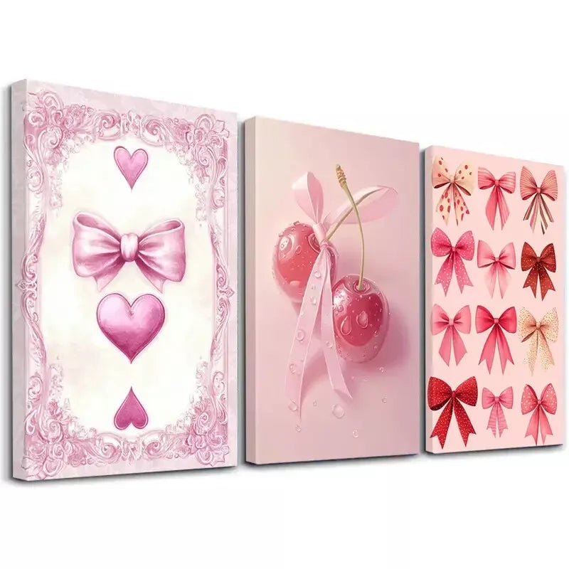 3pcs Classic Retro Minimalist Bow and Cherry  wall Art Set Canvas Framed 50x70cm -  High Quality Print 100% Australian Made Wall Canvas Ready to Hang