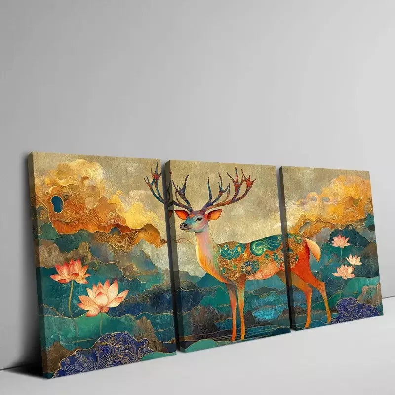 3pcs Color Deer and Lotus Pond Animal Painting Wall Art Set Canvas Framed 50x70cm -  High Quality Print 100% Australian Made Wall Canvas Ready to Hang