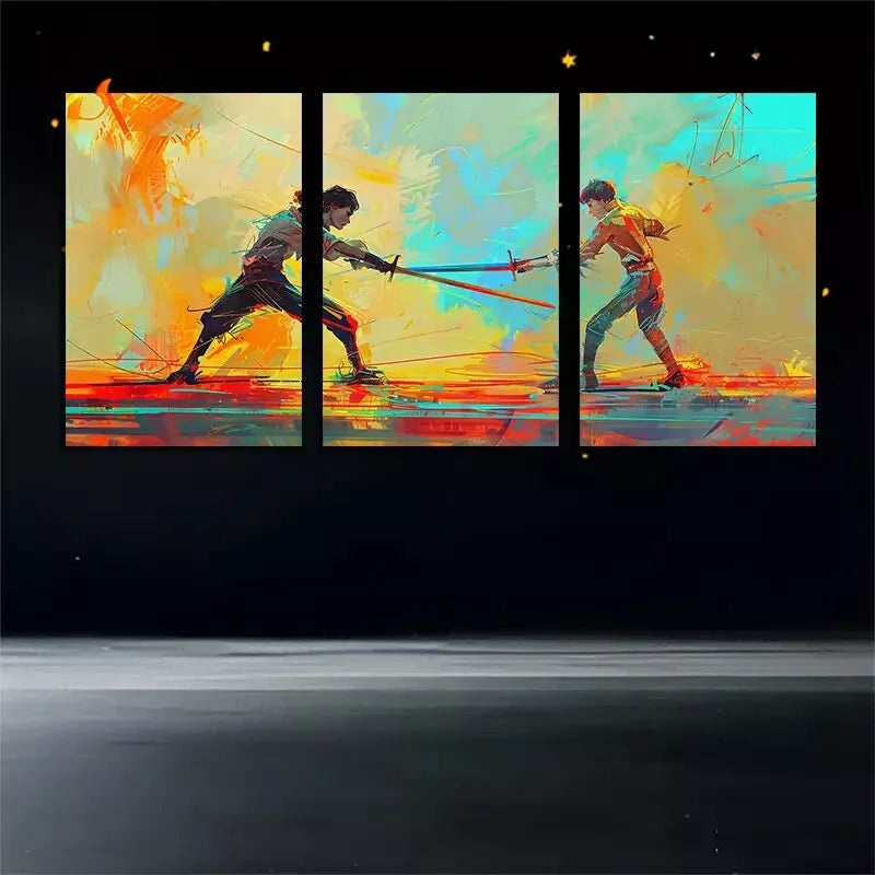 3pcs Colorful Art Of Two Boys Fencing   Wall Art Set Canvas Framed 50x70cm -  High Quality Print 100% Australian Made Wall Canvas Ready to Hang