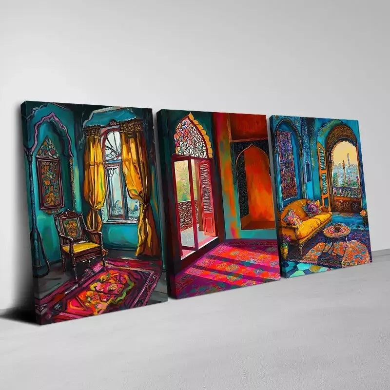 3pcs Colorful Beautiful Indian Architecture Wall Art Set Canvas Framed 50x70cm - High Quality Print 100% Australian Made Wall Canvas Ready to Hang