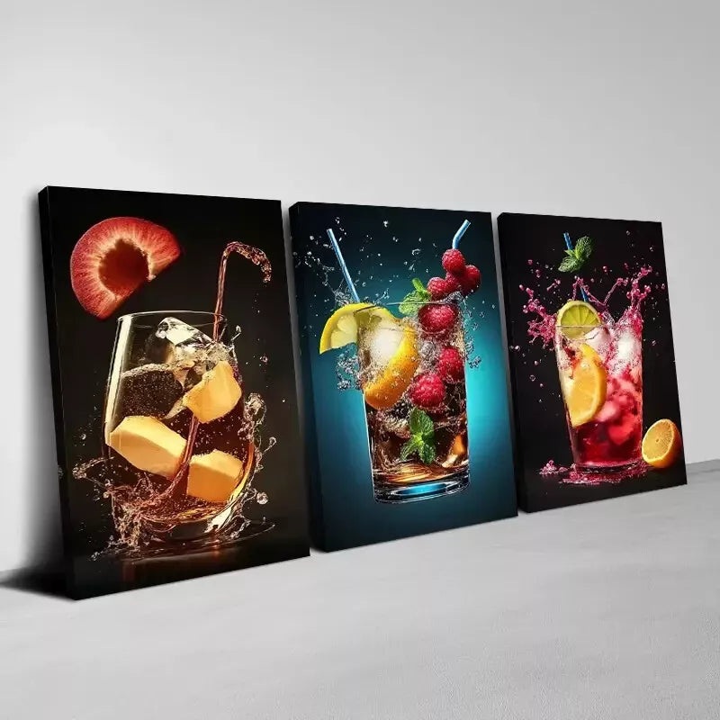 3pcs Colorful Fruit Drinks with Water Splashing Wall Art Set Canvas Framed 50x70cm - High Quality Print 100% Australian Made Wall Canvas Ready to Hang