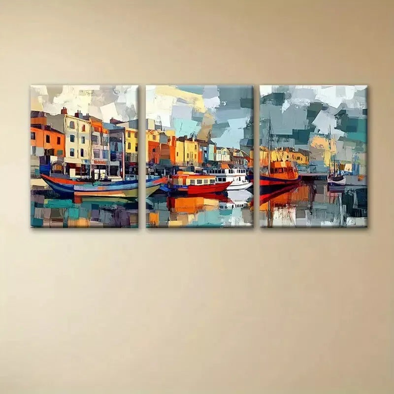 3pcs Cubist Port Melbourne Scene Trams & Boats Wall Art Set Canvas Framed 50x70cm -  High Quality Print 100% Australian Made Wall Canvas Ready to Hang