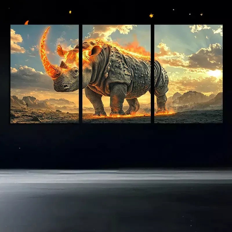 3pcs Dark Fiery Rhino Wall Art Set Canvas Framed 50x70cm -  High Quality Print 100% Australian Made Wall Canvas Ready to Hang