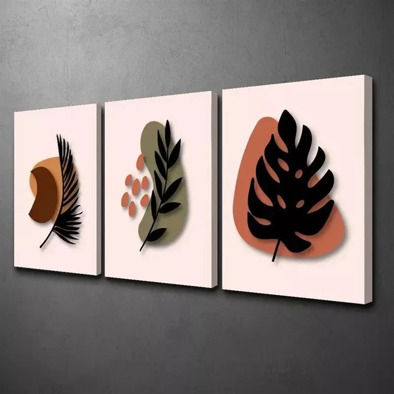 3pcs Decorative Abstract Bohemian Style Leaf  Wall Art Set Canvas Framed 50x70cm - High Quality Print 100% Australian Made Wall Canvas Ready to Hang