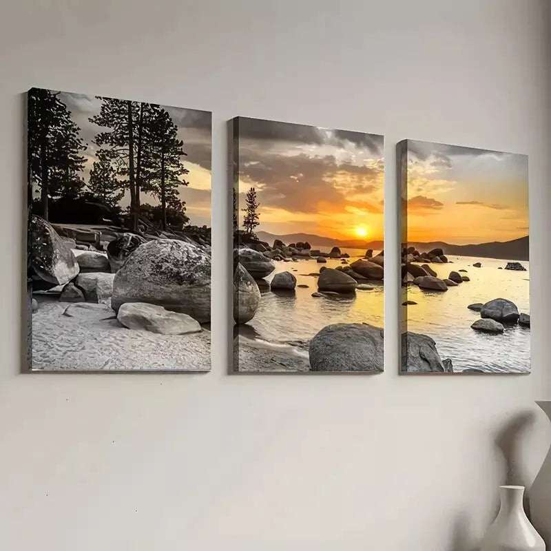 3pcs Decorative Lakeside Natural Scenery  Wall Art Set Canvas Framed 50x70cm - High Quality Print 100% Australian Made Wall Canvas Ready to Hang