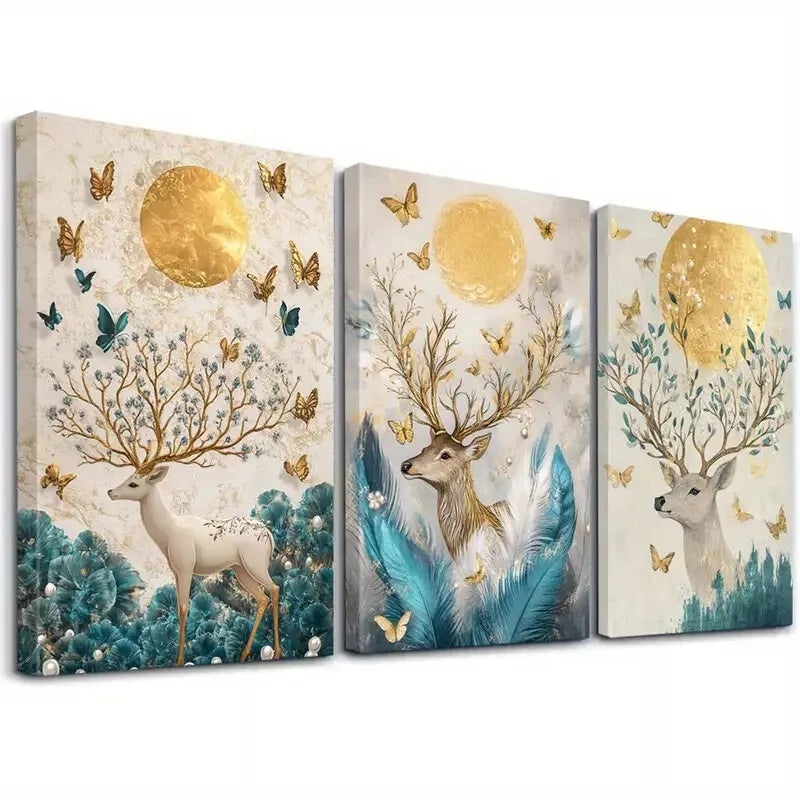3pcs  Deer and Golden Classic Retro Minimalist Wall Art Set Canvas Framed 50x70cm -  High Quality Print 100% Australian Made Wall Canvas Ready to Hang