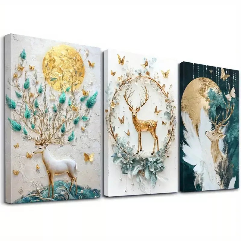 3pcs Deer and Golden Moon Modern Surreal Design wall Art Set Canvas Framed 50x70cm -  High Quality Print 100% Australian Made Wall Canvas Ready to Hang