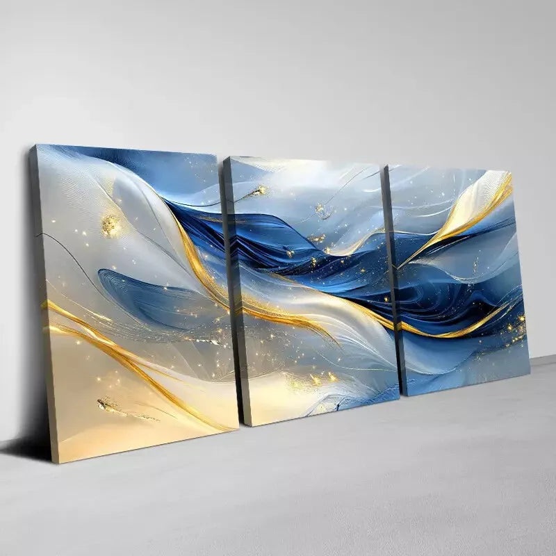 3pcs  Elegant Abstract Blue Golden Lines Wall Art Set Canvas Framed 50x70cm - High Quality Print 100% Australian Made Wall Canvas Ready to Hang