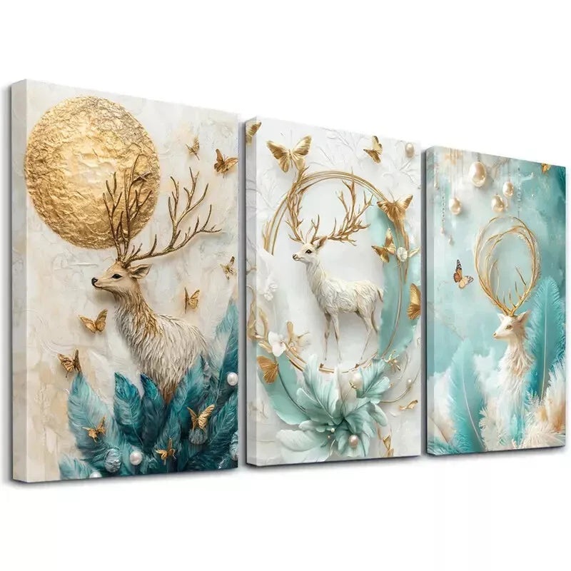 3pcs  Elegant Anime Deer and Golden Moon Feather Wall Art Set Canvas Framed 50x70cm -  High Quality Print 100% Australian Made Wall Canvas Ready to Hang