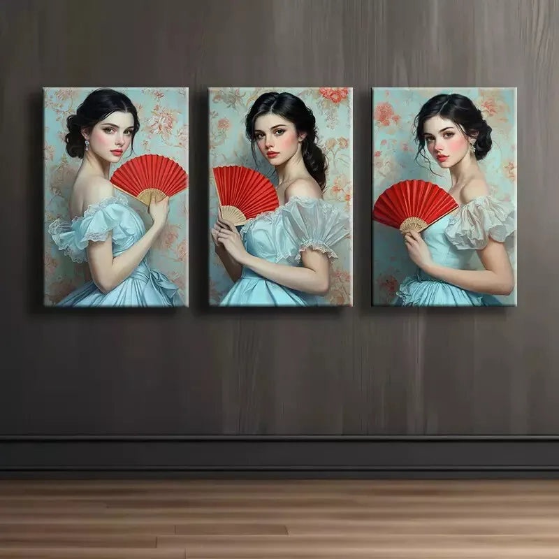 3pcs Elegant Girl with Red Fan Wall Art Set Canvas Framed 50x70cm -  High Quality Print 100% Australian Made Wall Canvas Ready to Hang
