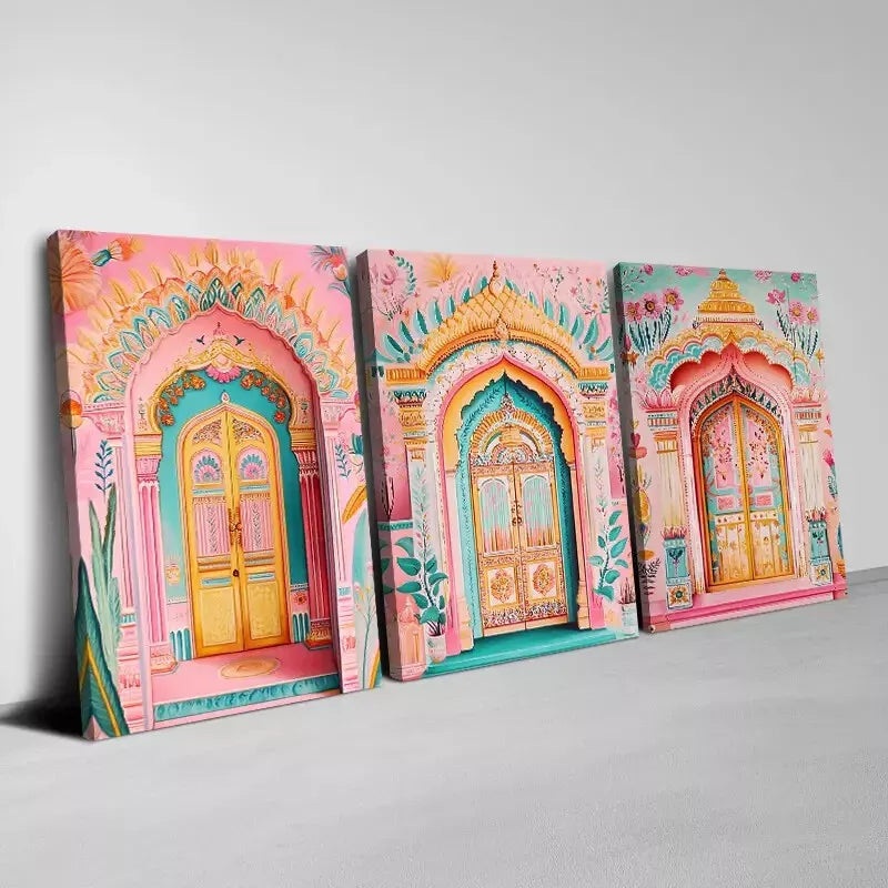 3pcs Elegant Indian Architecture Designs Wall Art Set Canvas Framed 50x70cm - High Quality Print 100% Australian Made Wall Canvas Ready to Hang
