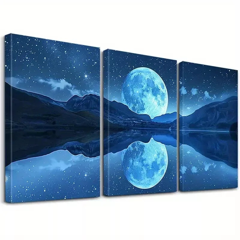 3pcs Forest Lake Nightscape Fantasy Starry Night  Wall Art Set Canvas Framed 50x70cm -  High Quality Print 100% Australian Made Wall Canvas Ready to Hang