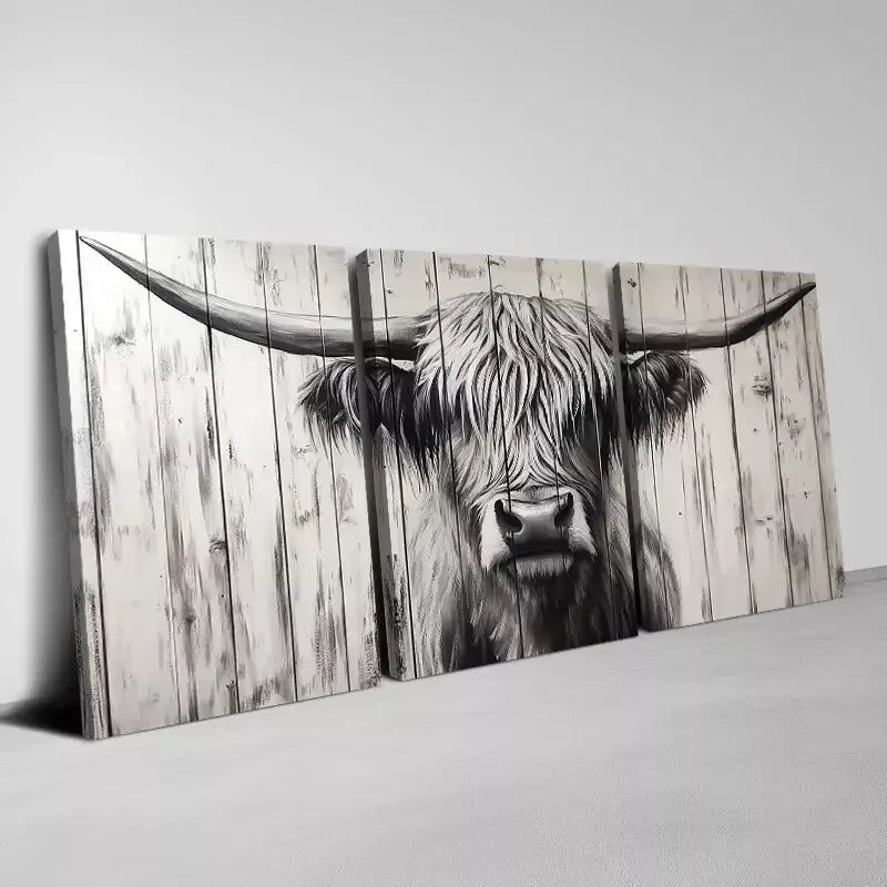 3pcs Friendly Vintage Style Highland Cattle Wall Art Set Canvas Framed 50x70cm - High Quality Print 100% Australian Made Wall Canvas Ready to Hang