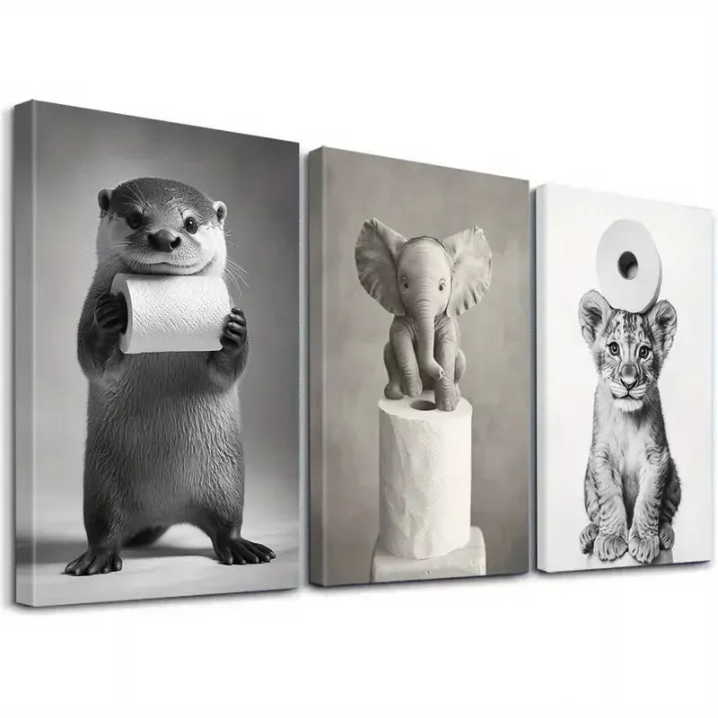 3pcs Humorous Sea Otter Elephant Lion Artwork  Wall Art Set Canvas Framed 50x70cm -  High Quality Print 100% Australian Made Wall Canvas Ready to Hang
