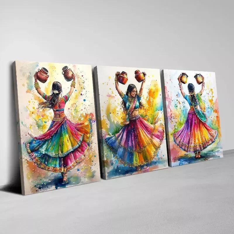 3pcs Indian Women Traditional Dance Painting Wall Art Set Canvas Framed 50x70cm - High Quality Print 100% Australian Made Wall Canvas Ready to Hang