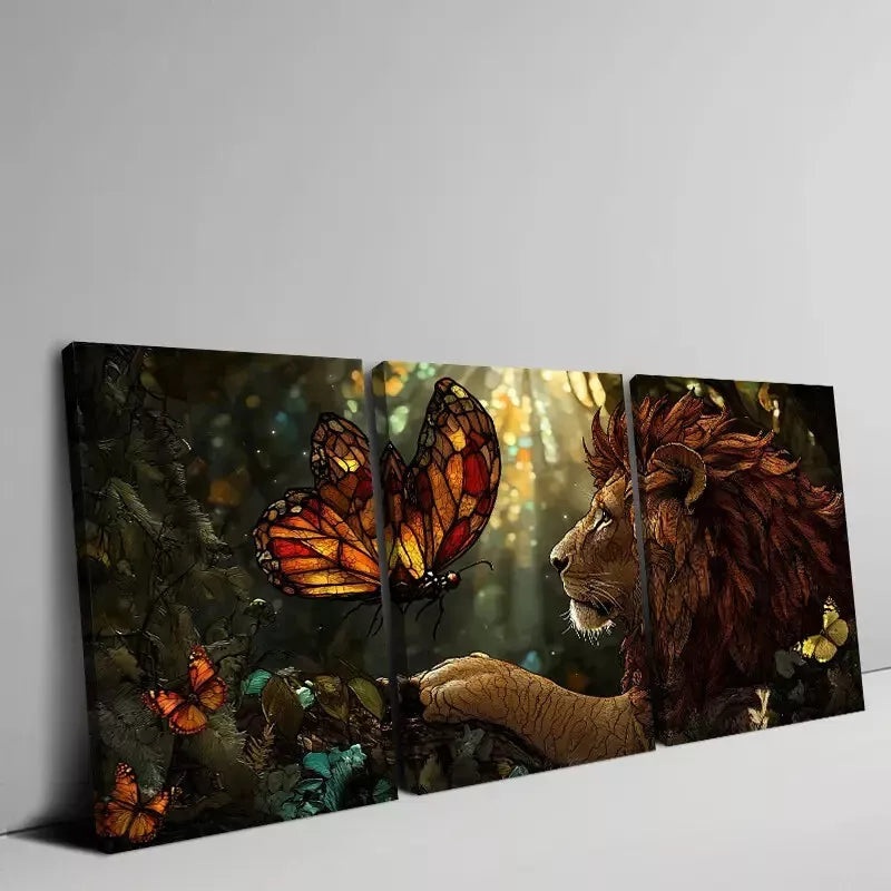 3pcs Majestic Lion Playing Butterflies Forest Wall Art Set Canvas Framed 50x70cm -  High Quality Print 100% Australian Made Wall Canvas Ready to Hang