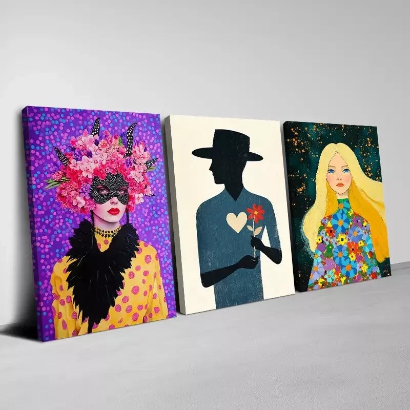 3pcs Modern Abstract Colorful Art Florals & Lady Wall Art Set Canvas Framed 50x70cm - High Quality Print 100% Australian Made Wall Canvas Ready to Hang