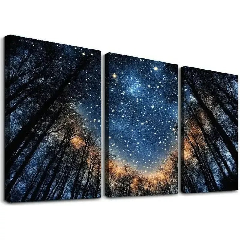 3pcs Modern Blue Starry Night Forest Tree Wall Art Set Canvas Framed 50x70cm - High Quality Print 100% Australian Made Wall Canvas Ready to Hang