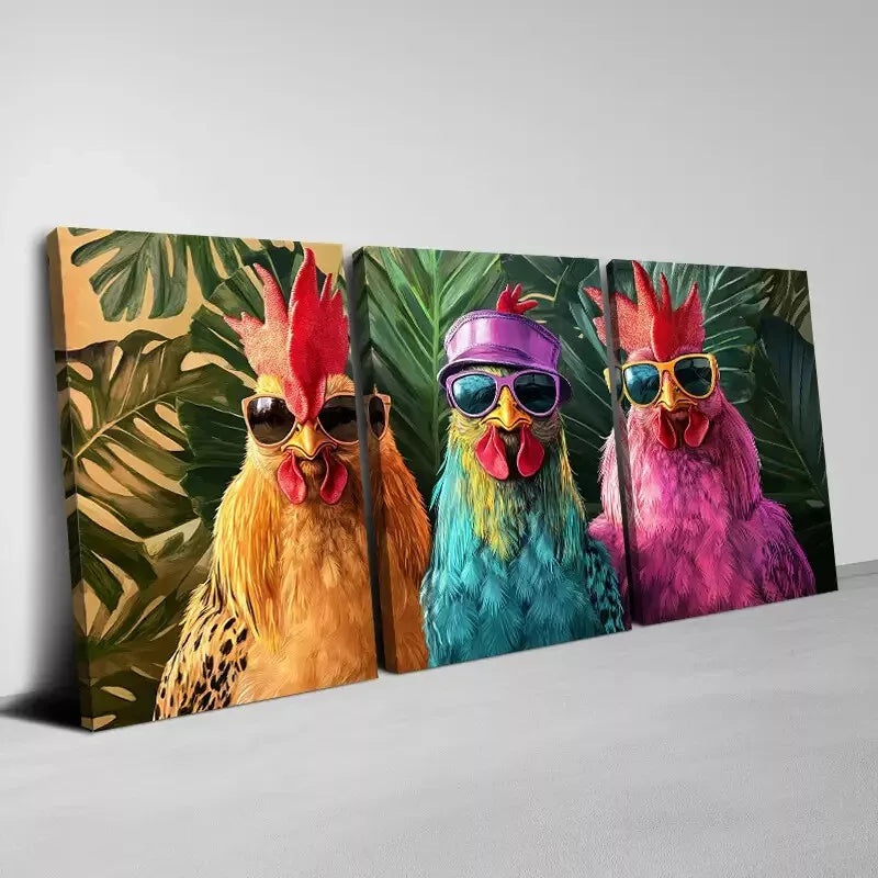 3pcs Modern Fashionable Roosters with Sunglasses Wall Art Set Canvas Framed 50x70cm - High Quality Print 100% Australian Made Wall Canvas Ready to Hang
