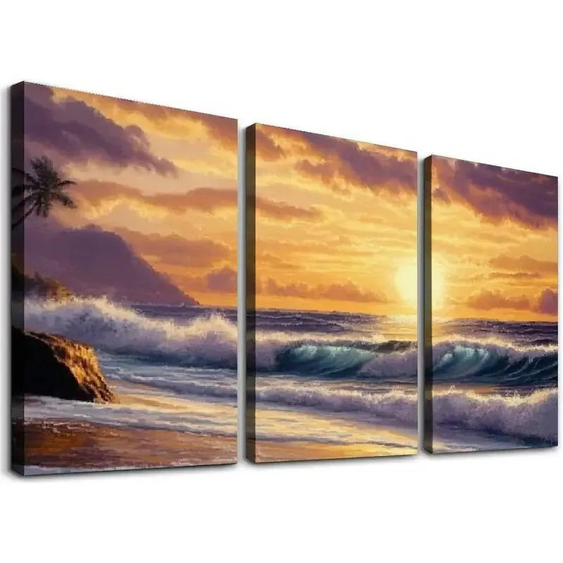 3pcs Modern Simple Style Sunset Beach Wall Art Set Canvas Framed 50x70cm - High Quality Print 100% Australian Made Wall Canvas Ready to Hang