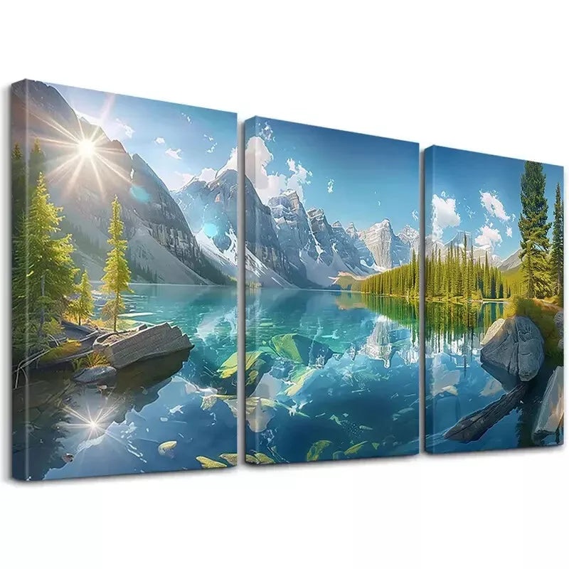 3pcs  Sky White Clouds Lakes Mountains Forests Wall Art Set Canvas Framed 50x70cm -  High Quality Print 100% Australian Made Wall Canvas Ready to Hang