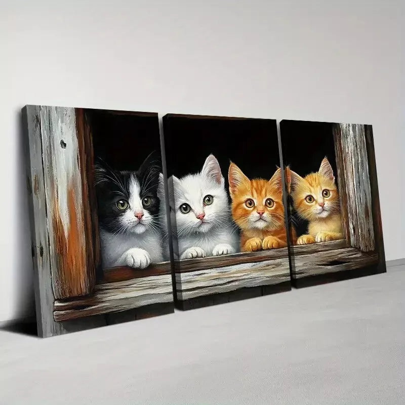 3pcs  Whimsical Kitten Peeking Through Wall Art Set Canvas Framed 50x70cm - High Quality Print 100% Australian Made Wall Canvas Ready to Hang