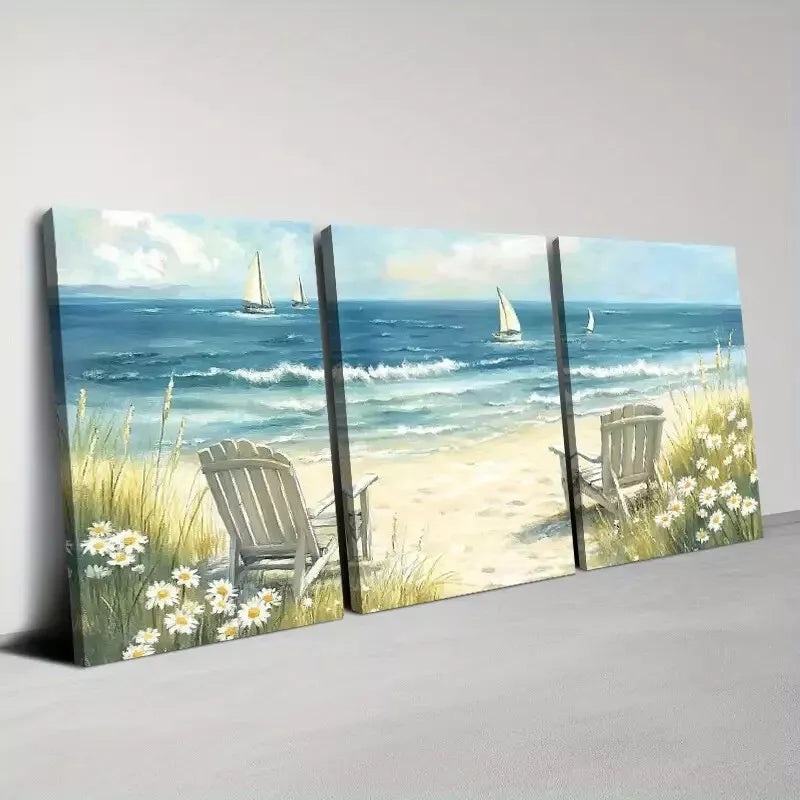 3pcs  Abstract Beach And Ocean Waves with Florals Wall Art Set Canvas Framed 50x70cm -  High Quality Print 100% Australian Made Wall Canvas Ready to Hang