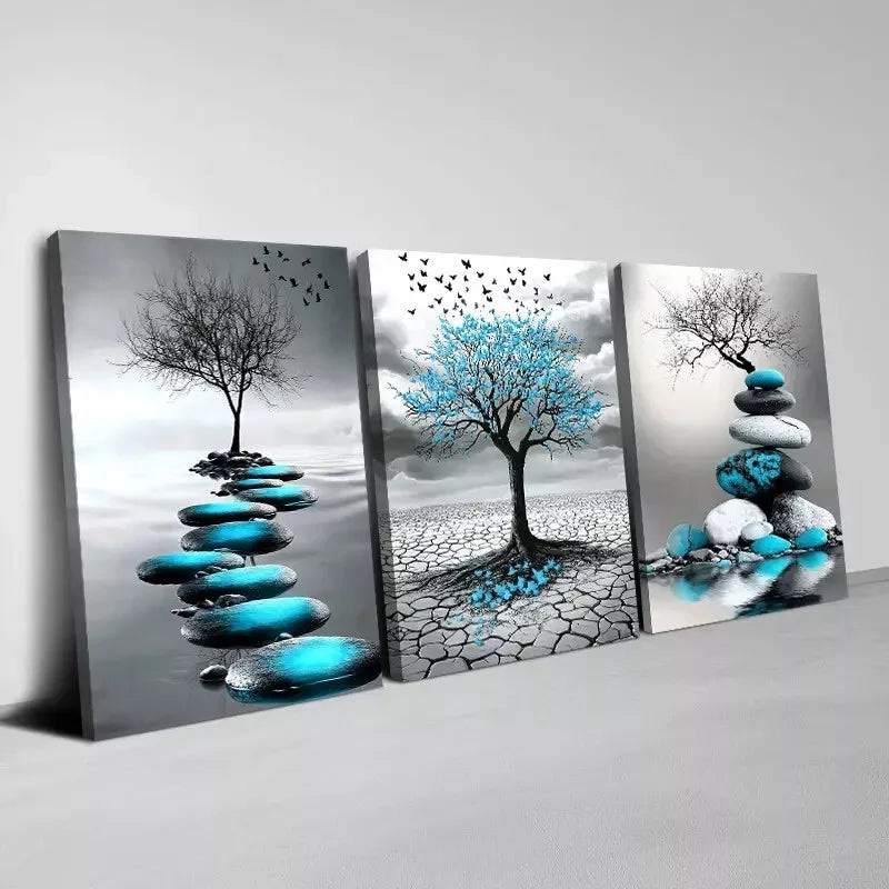 3pcs Abstract Blue Blue leaves & Stones Dry Land Wall Art Set Canvas Framed 50x70cm -  High Quality Print 100% Australian Made Wall Canvas Ready to Hang