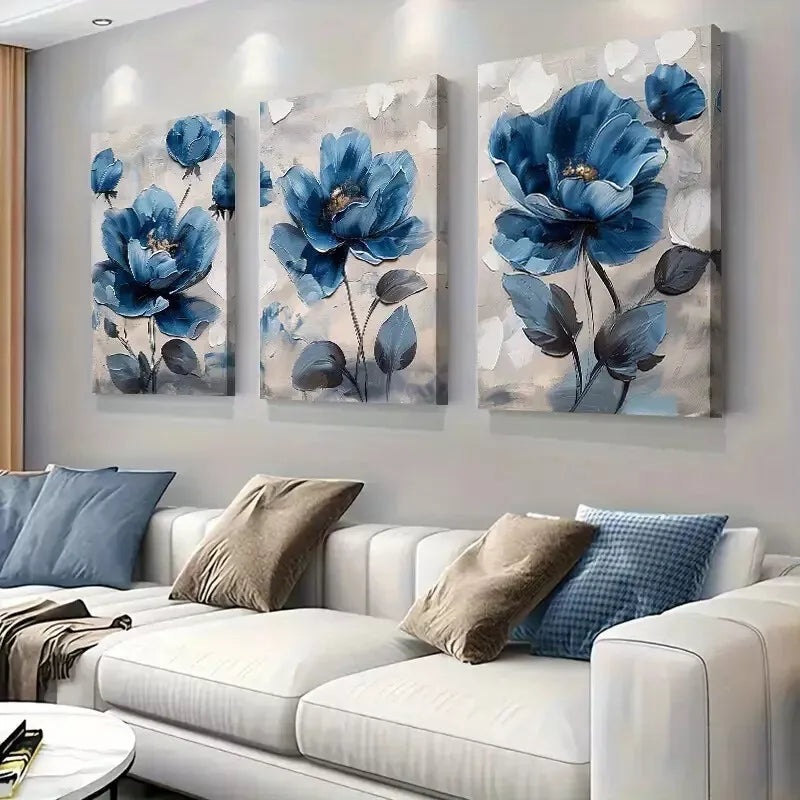 3pcs Abstract Blue Flowers Modern Style Art Set Canvas Framed 50x70cm -  High Quality Print 100% Australian Made Wall Canvas Ready to Hang