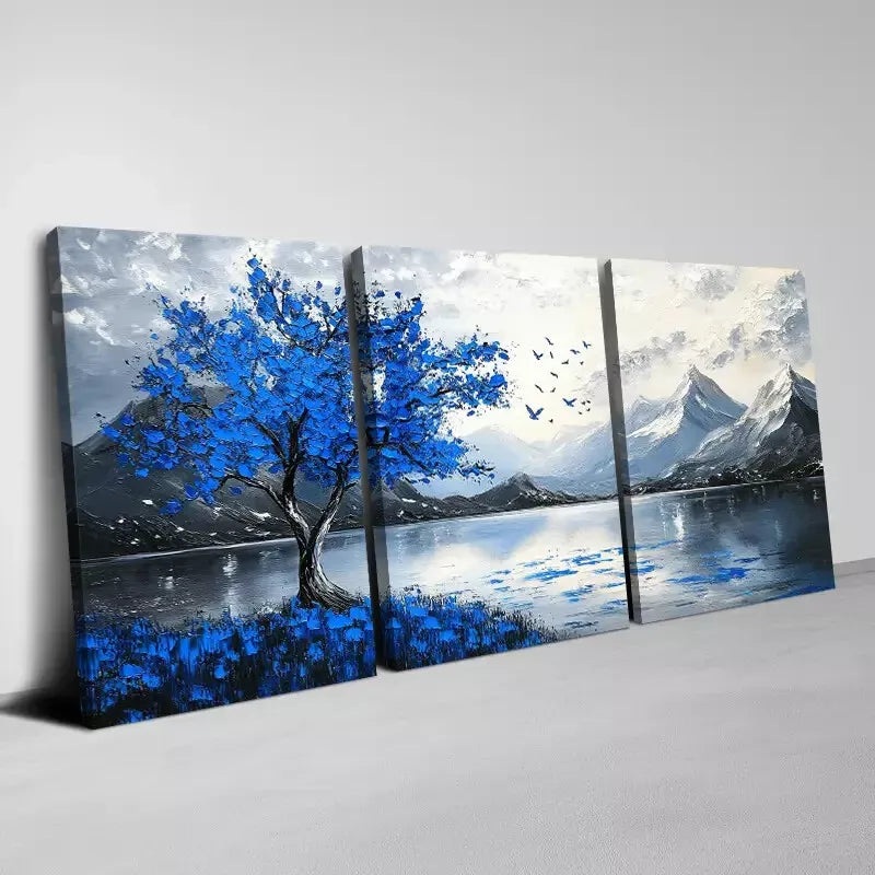 3pcs Abstract Blue Tree Lake Mountain Painting Wall Art Set Canvas Framed 50x70cm -  High Quality Print 100% Australian Made Wall Canvas Ready to Hang