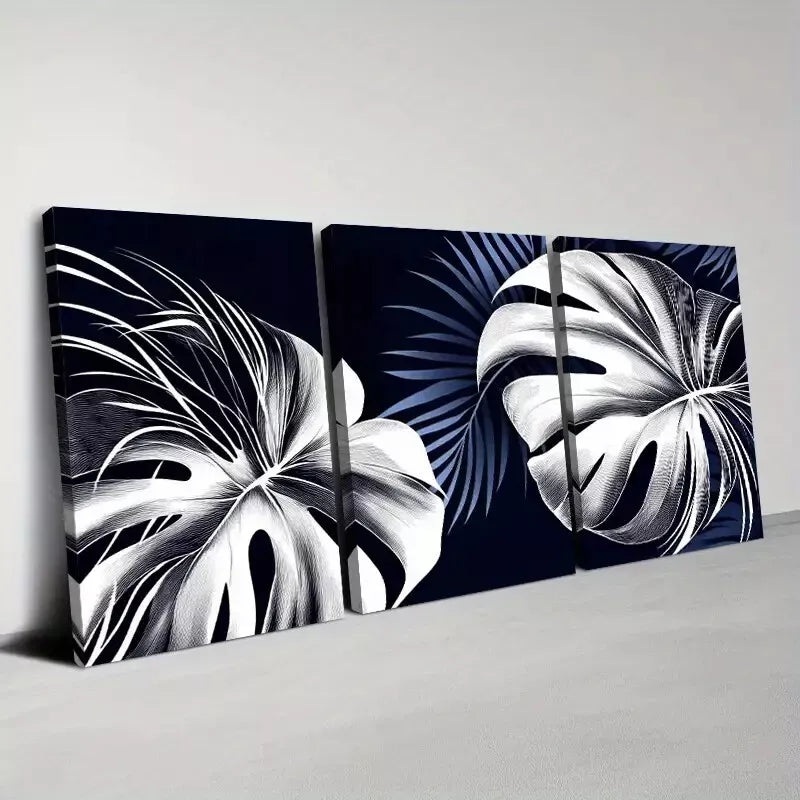 3pcs Abstract Leaves with Dark Background Wall Art Set Canvas Framed 50x70cm -  High Quality Print 100% Australian Made Wall Canvas Ready to Hang
