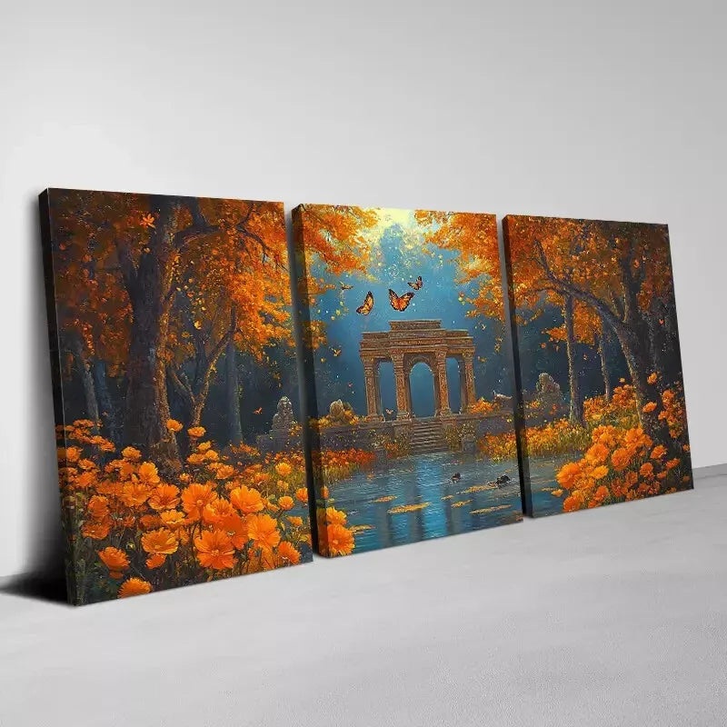 3pcs Ancient Temple In The Forest & Butterflies Wall Art Set Canvas Framed 50x70cm -  High Quality Print 100% Australian Made Wall Canvas Ready to Hang