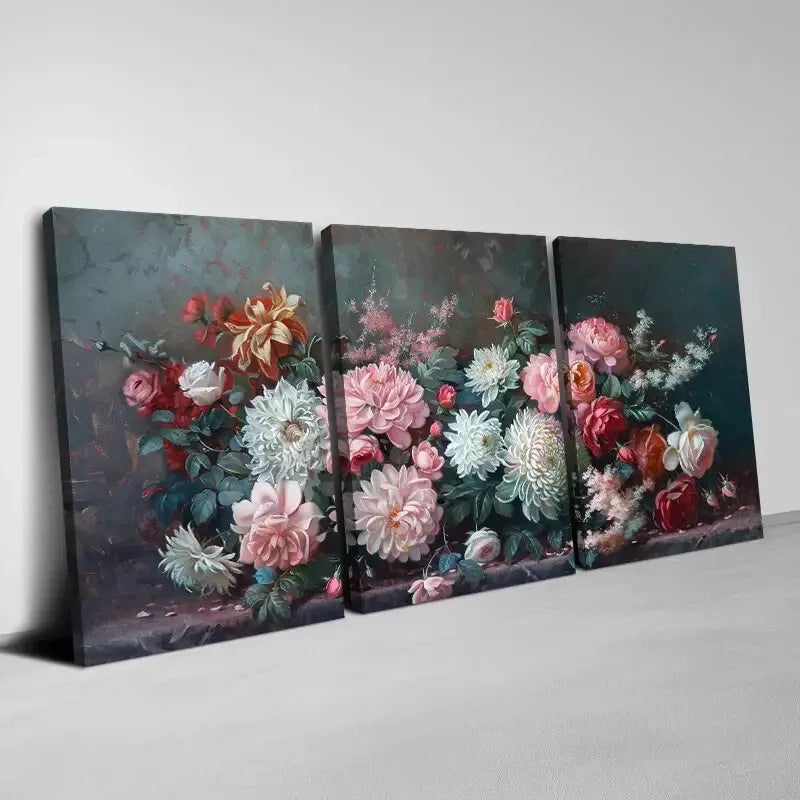 3pcs Artistic Flair, Vintage Beautiful Flowers Wall Art Set Canvas Framed 50x70cm -  High Quality Print 100% Australian Made Wall Canvas Ready to Hang