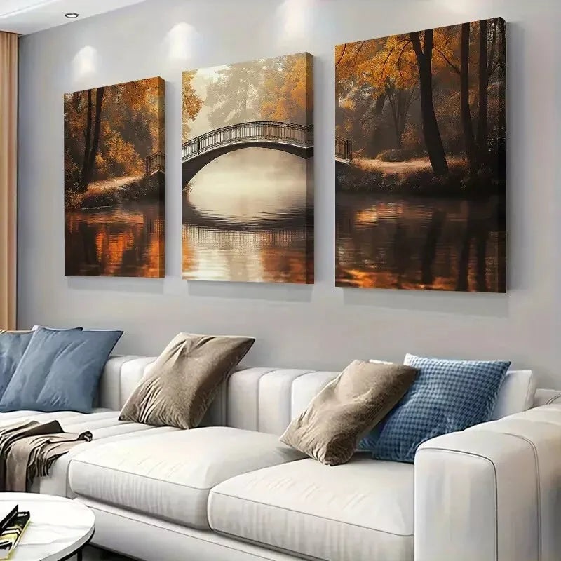 3pcs Autumn Bridge Mist Painting  Style Art Set Canvas Framed 50x70cm -  High Quality Print 100% Australian Made Wall Canvas Ready to Hang