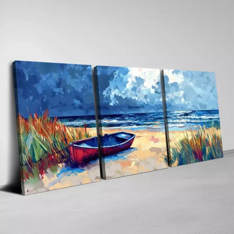 3pcs Beach and Boat with Sky View Scenery Wall Art Set Canvas Framed 50x70cm -  High Quality Print 100% Australian Made Wall Canvas Ready to Hang