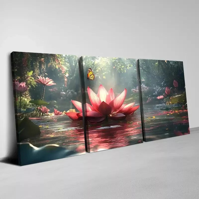 3pcs Beautiful And Charming Lotus with Butterfly Wall Art Set Canvas Framed 50x70cm -  High Quality Print 100% Australian Made Wall Canvas Ready to Hang