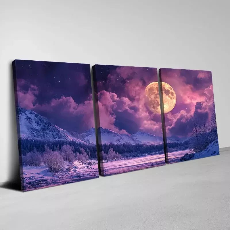 3pcs Beautiful Moon with Mountain & Trees view Wall Art Set Canvas Framed 50x70cm -  High Quality Print 100% Australian Made Wall Canvas Ready to Hang